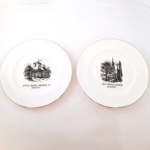 Vtg Crown Staffordshire China Kings Chapel Old North Church Boston Plates